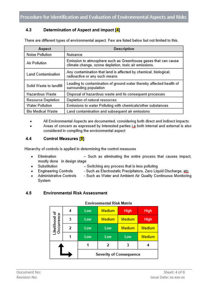 Identification and Evaluation of Environmental Aspects and Risks, environmental risk assessment