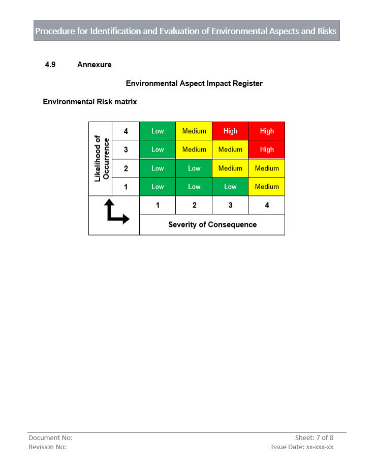 Identification and Evaluation of Environmental Aspects and Risks, environmental risk matrix