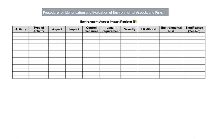 Identification and Evaluation of Environmental Aspects and Risks, environment impact register