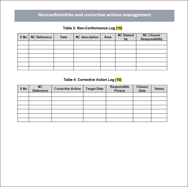 nonconformity and corrective actions, nonconformance log