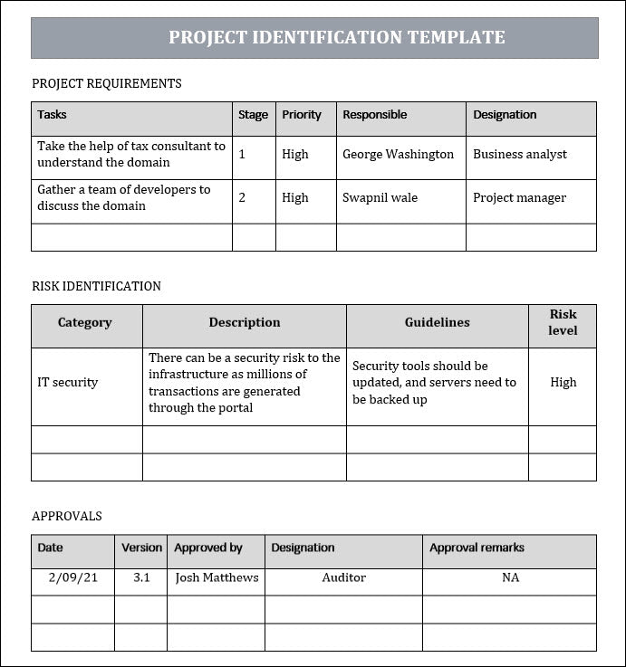 PROJECT IDENTIFICATION TEMPLATE