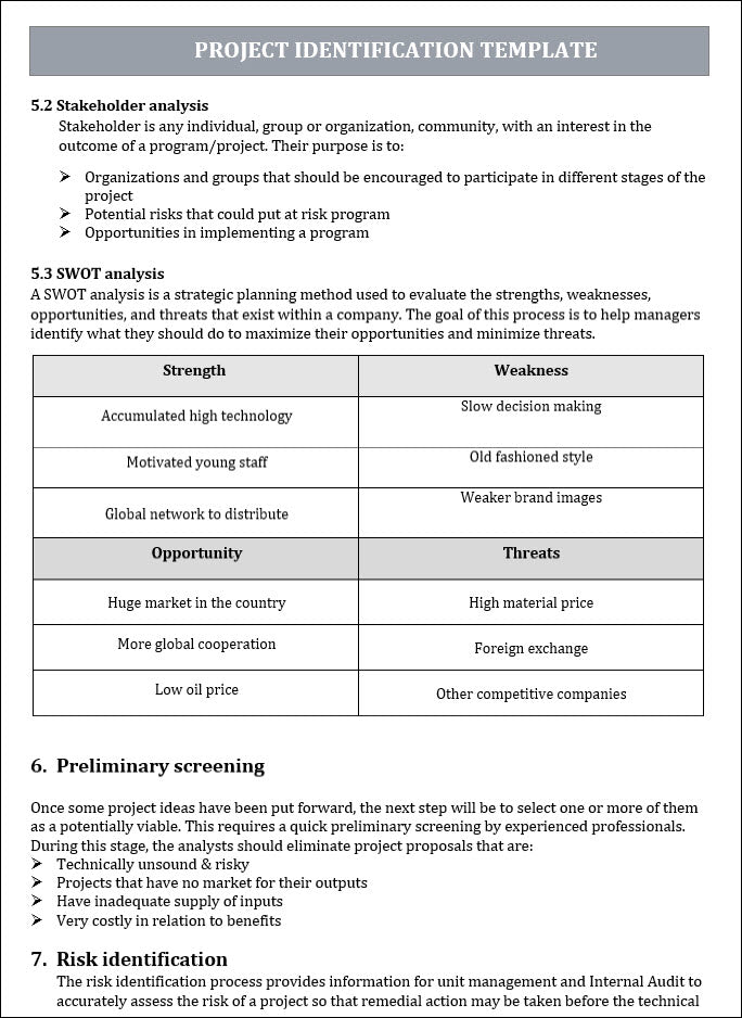 PROJECT IDENTIFICATION TEMPLATE