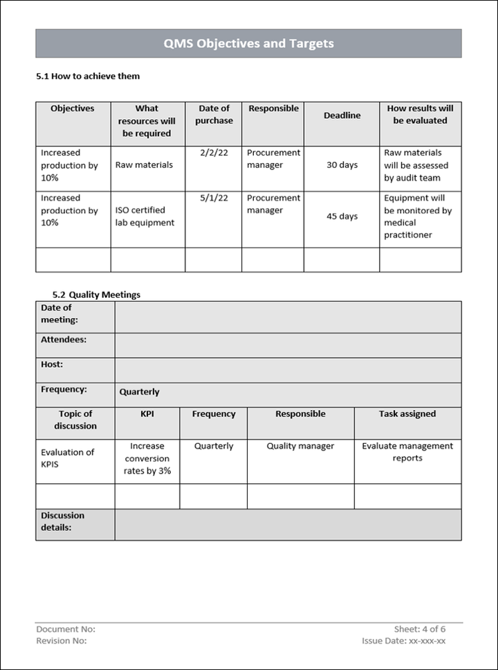 QMS Objectives and Targets KPIS