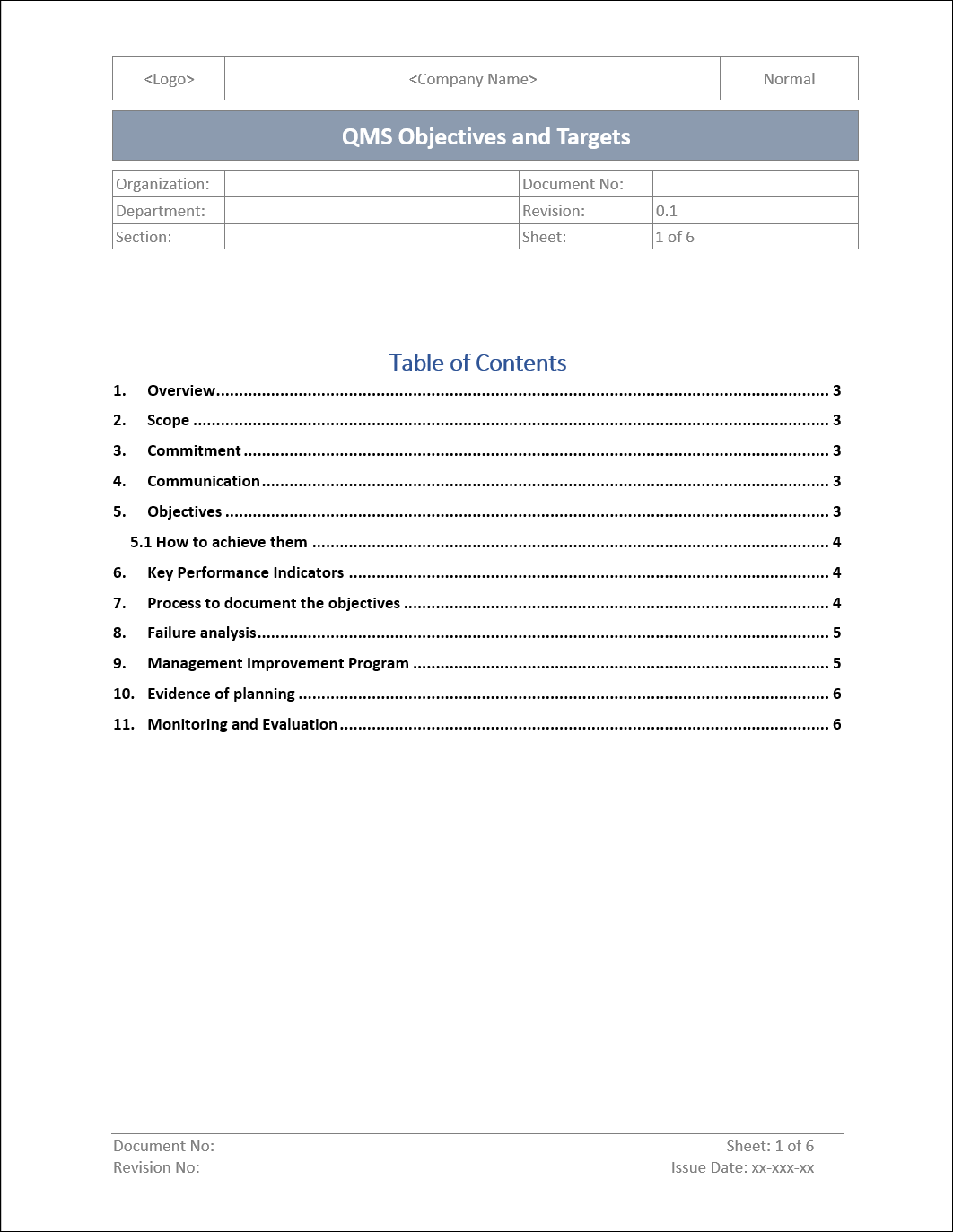 Quality Management System Objectives and Target 